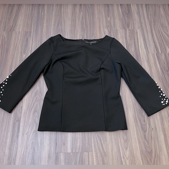White House Black Market Tops - EUC WHBM Women’s Black Ponte Knit Blouse w/Pearl& Bling Sleeves. SZ:12
